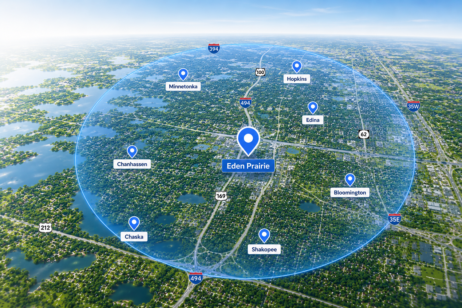 MN Clean Plus service area map โ southwest Twin Cities metro including Eden Prairie, Minnetonka, Chanhassen, Bloomington, Edina, Chaska, Hopkins, and Shakopee